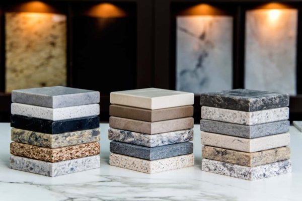 Granite and quartz countertop stacked samples for countertop material selection